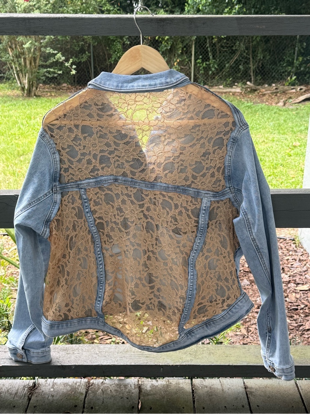 One of a kind Seven7 Denim Jacket *Upcycled* with lace back panels size Size XL